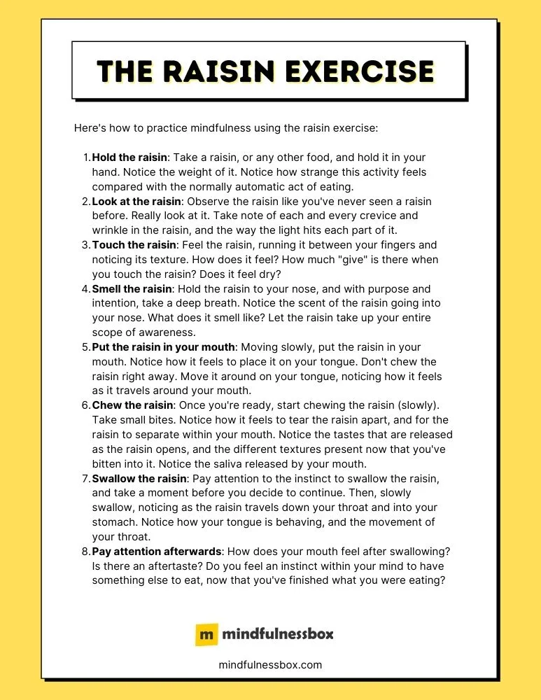 Step-by-step printable guide on how to do the raisin mindfulness exercise