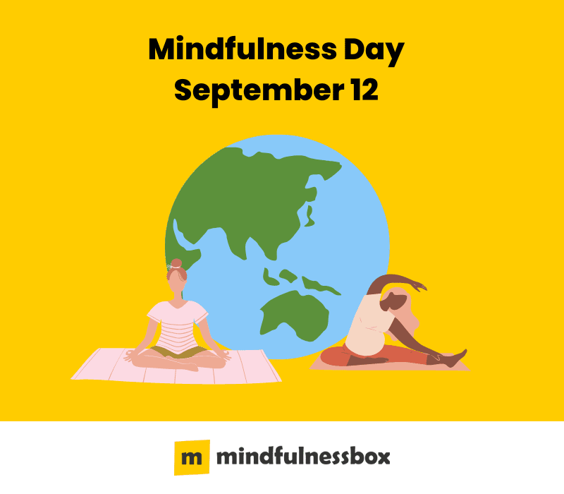 An illustration of Mindfulness Day with people doing yoga and meditating in front of a globe
