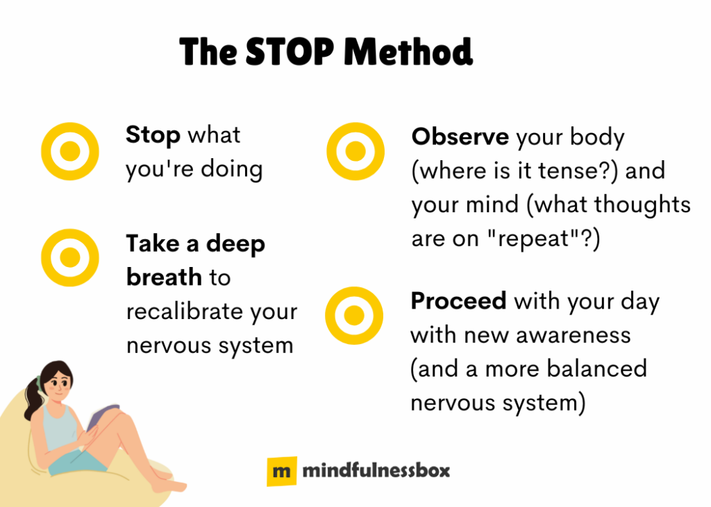The STOP method for stress reduction - Stop what you're doing, Take a deep breath, Observe your body and mind, Proceed with your day